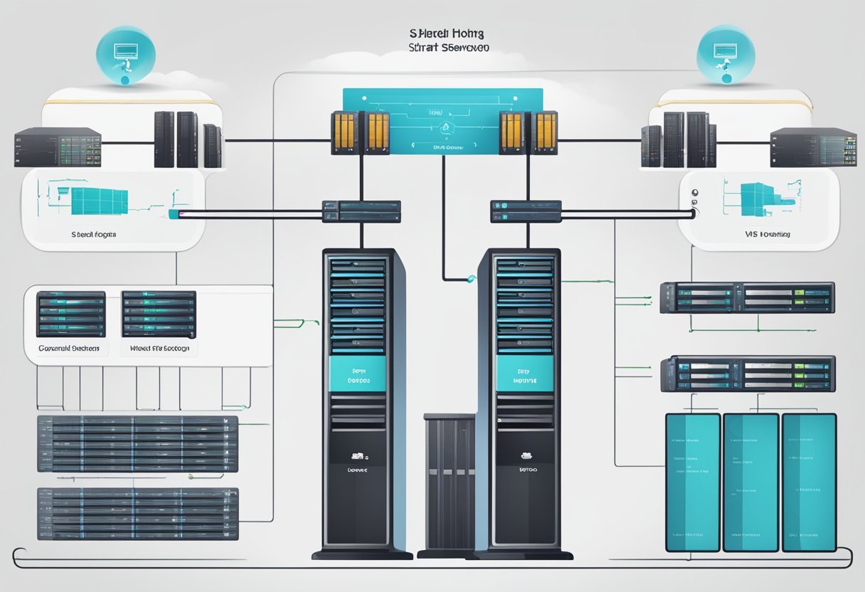 Une comparaison en écran partagé d'un serveur d'hébergement web partagé et d'un VPS, avec des diagrammes étiquetés et des graphiques de données