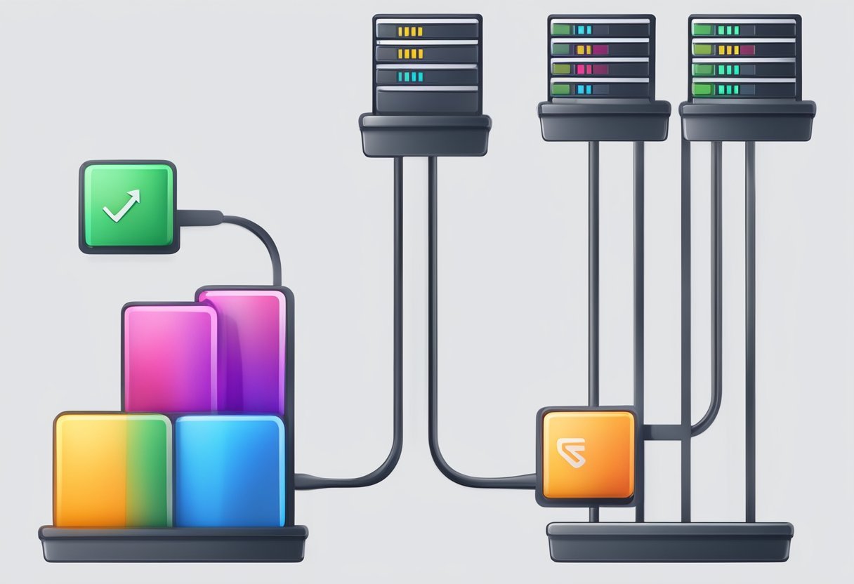 Une balance colorée équilibrant un petit symbole de serveur d'un côté et un symbole de serveur plus grand de l'autre, représentant la comparaison entre l'hébergement partagé et le VPS.